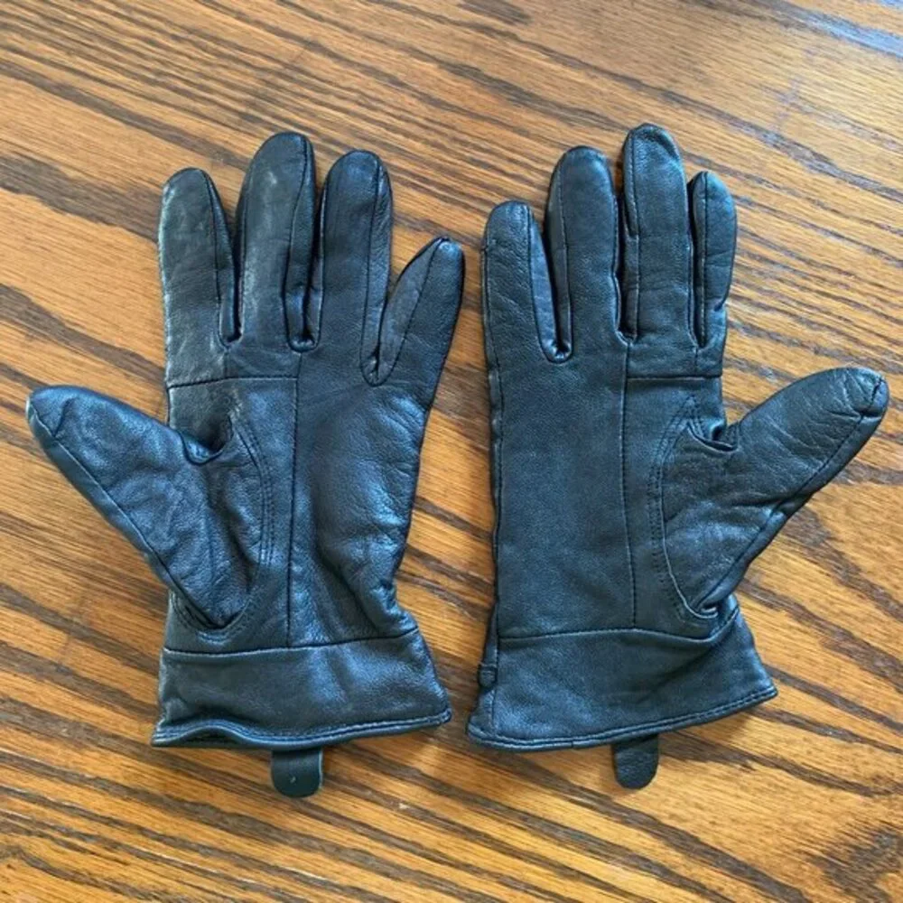 Black Leather Winter Gloves Small Fleece Lined Elastic Wrist Pull Tab Classic